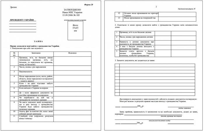 Шаблон бланка заявления по отказу от украинского гражданства. Документ Форма 20.