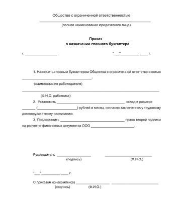 Пример 2020 года настоящего момента, представляющий распоряжение об утверждении главного счетовода.