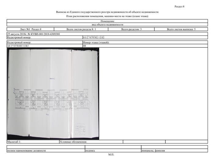 Извлечение данных из Единого государственного реестра недвижимости. Описание особенностей объекта на первых двух страницах, информация о правовых обременениях – на третьей странице, схема размещения помещений – на пятой странице.