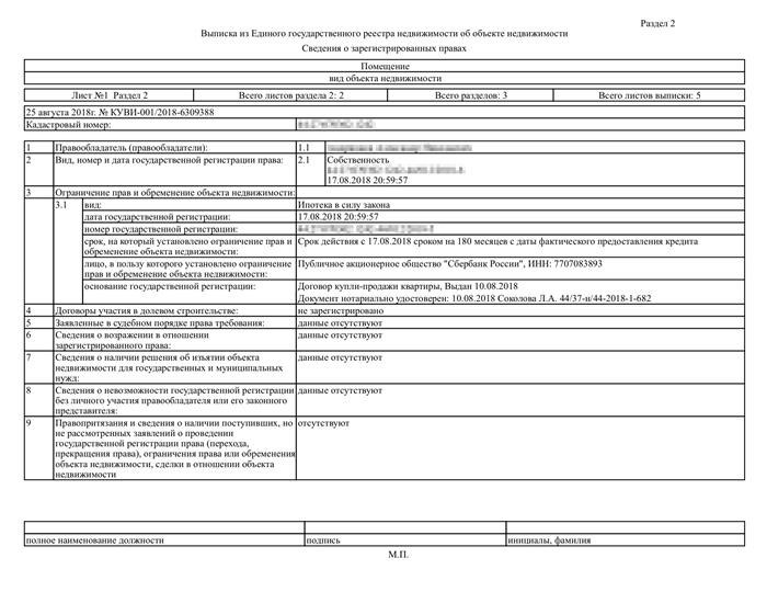 Извлечение данных из Единого государственного реестра недвижимости. Описание особенностей объекта на первых двух страницах, информация о правовых обременениях – на третьей странице, схема размещения помещений – на пятой странице.